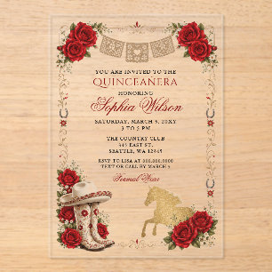 Invitaciones Acrílicas Oro Rojo Caballo Occidental Floral Charra Quinceañ