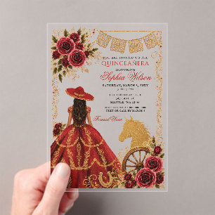 Invitaciones Acrílicas Oro Rojo Caballo Occidental Floral Charra Quinceañ