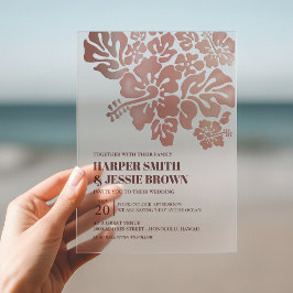 Invitaciones Acrílicas Oro Rosa - Boda Elegante de Hibisco en la Playa