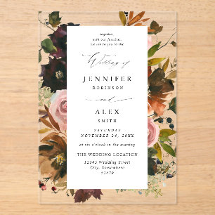 Invitaciones Acrílicas Oro Rústico, Morado y Floral Rosa 4