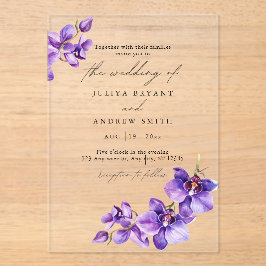 Invitaciones Acrílicas Orquídea púrpura en boda de guiones blancos