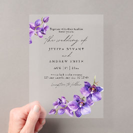 Invitaciones Acrílicas Orquídea púrpura en boda de guiones blancos