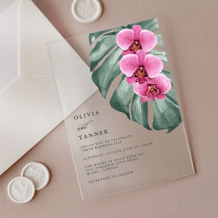 Invitaciones Acrílicas Orquídeas Monstera Rosa Caliente Floral Tropical B