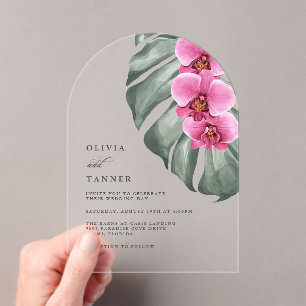 Invitaciones Acrílicas Orquídeas Rosadas Calientes Monstera Boda Floral T