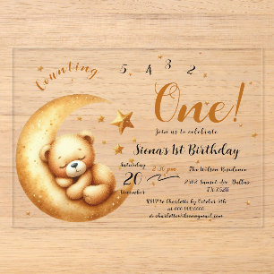 Invitaciones Acrílicas Osito De Bebé Dormido En La Luna Cumpleaños 1