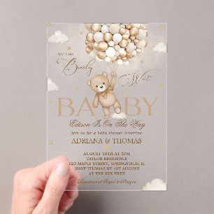 Invitaciones Acrílicas Oso Apenas Espera Neutral Dorado Baby Shower