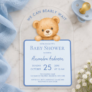 Invitaciones Acrílicas Oso Azul Apenas Espera Dulce Oso de Peluche Niño B