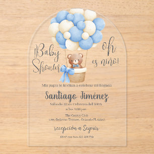 Invitaciones Acrílicas Oso Azul Español Baby Shower Niño Acrílico