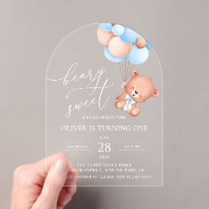 Invitaciones Acrílicas Oso bebé, globos azules, primer cumpleaños