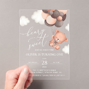 Invitaciones Acrílicas Oso Bebé, Globos Marrones, Primer Cumpleaños