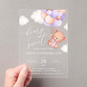 Invitaciones Acrílicas Oso Bebé, Globos Púrpura, Primer Cumpleaños