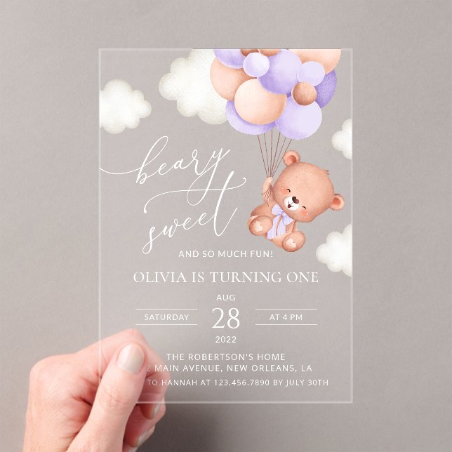Invitaciones Acrílicas Oso Bebé, Globos Púrpura, Primer Cumpleaños (Insitu (portátil))