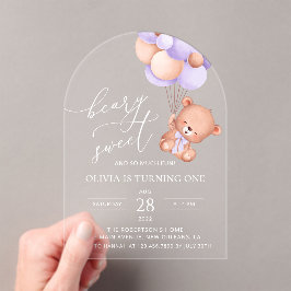 Invitaciones Acrílicas Oso Bebé, Globos Púrpura, Primer Cumpleaños