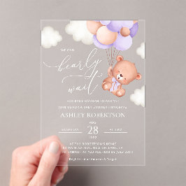 Invitaciones Acrílicas Oso Bebé, Oso Cuto, Globos Púrpura, Baby Shower