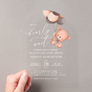 Invitaciones Acrílicas Oso Bebé, Oso de Peluche, Globos Marrones, Fiesta 