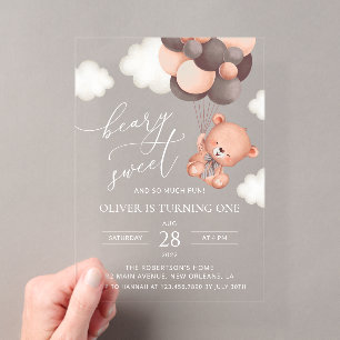 Invitaciones Acrílicas Oso Cachorro, Globos Marrones, Primer Cumpleaños