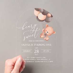 Invitaciones Acrílicas Oso Cachorro, Globos Marrones, Primer Cumpleaños