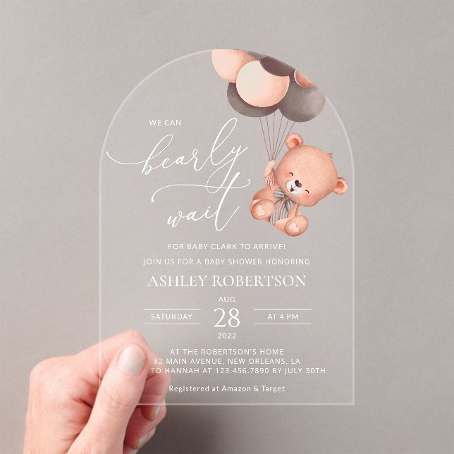 Invitaciones Acrílicas Oso de Bebé, Oso de Teddy, Globos Marrones, Baby S (Insitu (portátil))