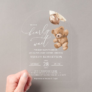 Invitaciones Acrílicas Oso de peluche, bebé oso, globos marrones, fiesta