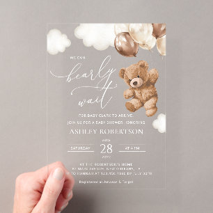 Invitaciones Acrílicas Oso de peluche, bebé oso, globos marrones, fiesta