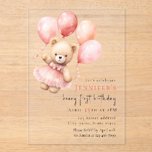 Invitaciones Acrílicas Oso de peluche de acrílico de lujo para niña cumpl