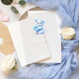 Invitaciones Acrílicas Oso de peluche de gingham azul Cumpleaños neutral 
