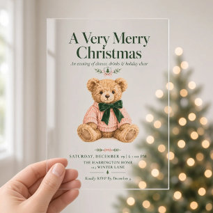 Invitaciones Acrílicas Oso de peluche elegante rosa y verde cena de Navid