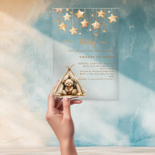 Invitaciones Acrílicas Oso de peluche estrellas tienda boho claro Baby Sh