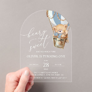 Invitaciones Acrílicas Oso de peluche, globo aerostático azul, primer cum