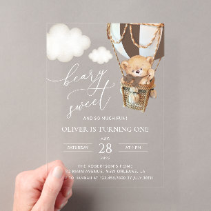 Invitaciones Acrílicas Oso de peluche, Globo aerostático marrón, Primer C