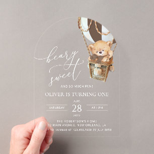 Invitaciones Acrílicas Oso de peluche, Globo aerostático marrón, Primer c