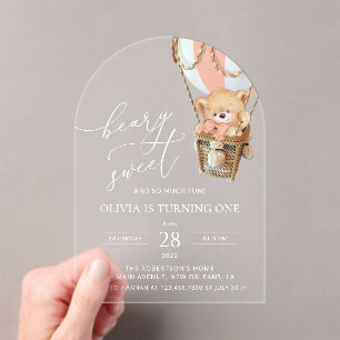 Invitaciones Acrílicas Oso de peluche, globo de aire caliente rosado, pri