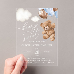Invitaciones Acrílicas Oso de peluche, globos azules, primer cumpleaños