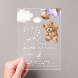 Invitaciones Acrílicas Oso de peluche, globos morados, primer cumpleaños