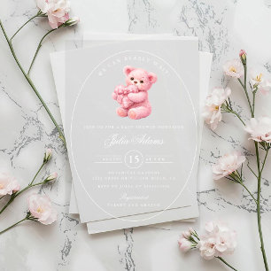 Invitaciones Acrílicas Oso de peluche rosa a cuadros Baby Shower Neutral