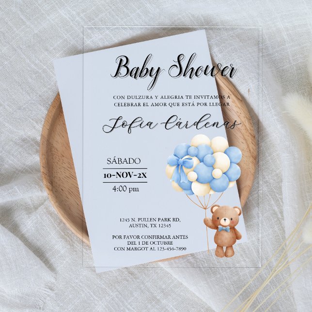 Invitaciones Acrílicas Oso De Teddy Con Globos Baby Shower Blanco Español (Teddy Bear With Balloons Spanish Baby Shower White Acrylic Invitations)