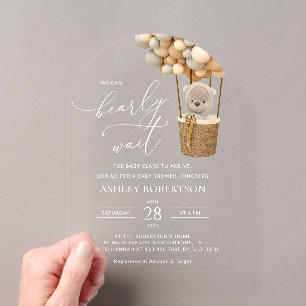 Invitaciones Acrílicas Oso, Globos Beige, Globo Aerostático, Shower de Be