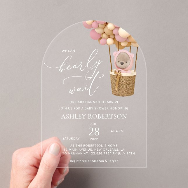 Invitaciones Acrílicas Oso, globos rosados, globo de aire caliente, Baby  (Insitu (portátil))