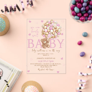 Invitaciones Acrílicas Oso Globos Rosados Niña Baby Shower