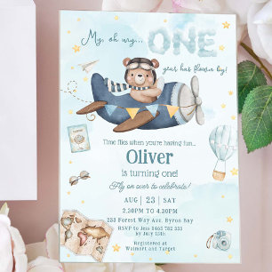 Invitaciones Acrílicas Oso Lindo Avión Azul El Tiempo Vuela Un Cumpleaños