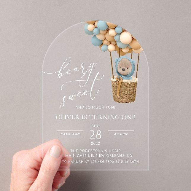 Invitaciones Acrílicas Oso lindo, globos azules, primer cumpleaños (Insitu (portátil))