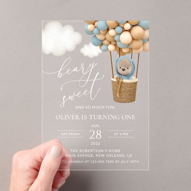 Invitaciones Acrílicas Oso lindo, globos azules, primer cumpleaños (Insitu (portátil))