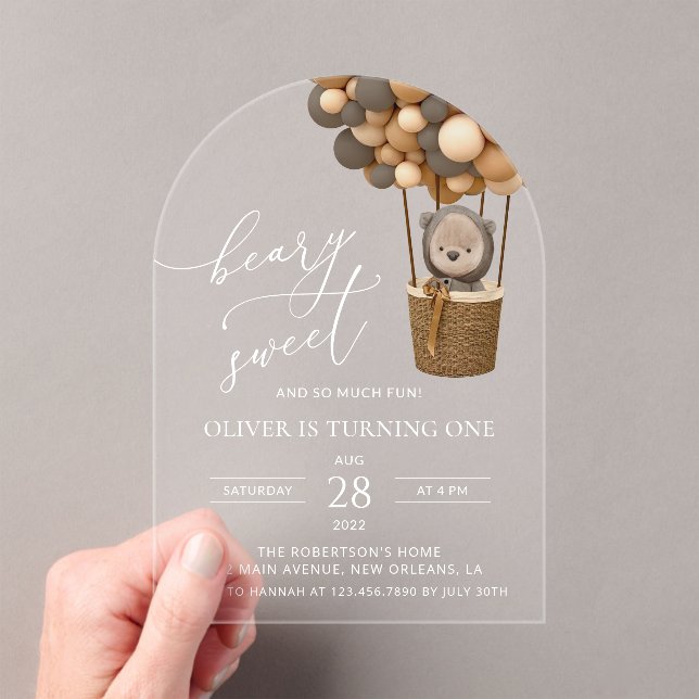 Invitaciones Acrílicas Oso lindo, globos marrones, primer cumpleaños (Insitu (portátil))