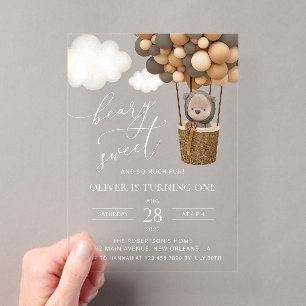 Invitaciones Acrílicas Oso Lindo, Globos Marrones, Primera Cumpleaños
