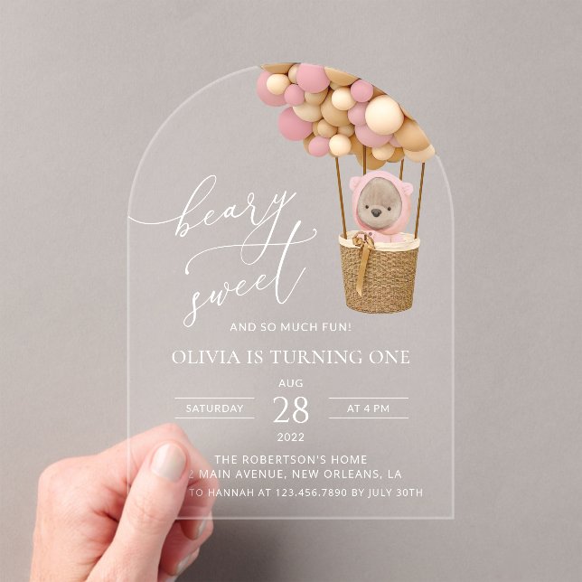 Invitaciones Acrílicas Oso lindo, globos rosados, primer cumpleaños (Insitu (portátil))