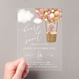 Invitaciones Acrílicas Oso lindo, globos rosados, primer cumpleaños