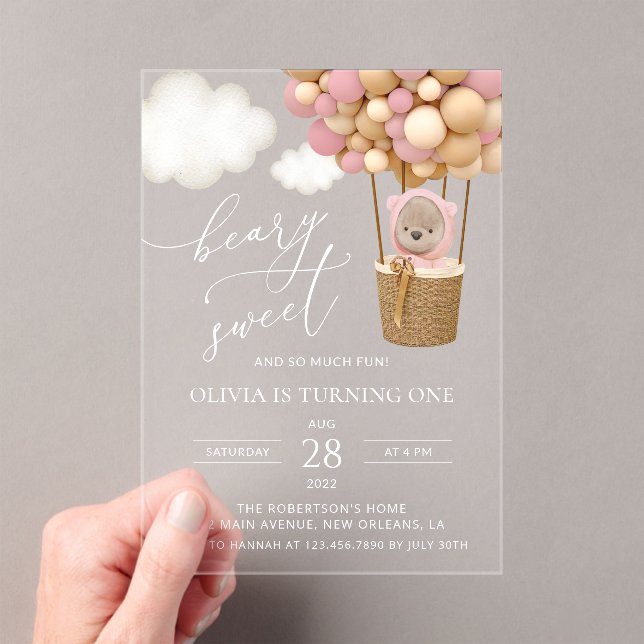 Invitaciones Acrílicas Oso lindo, globos rosados, primer cumpleaños (Insitu (portátil))