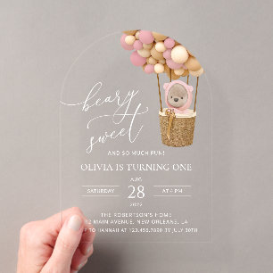 Invitaciones Acrílicas Oso Lindo, Globos Rosados, Primera Cumpleaños