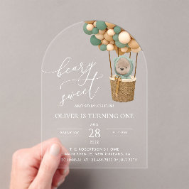 Invitaciones Acrílicas Oso lindo, globos verdes, primer cumpleaños