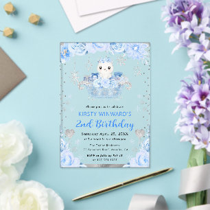 Invitaciones Acrílicas Oso Polar Acuarela Floral 2do Cumpleaños